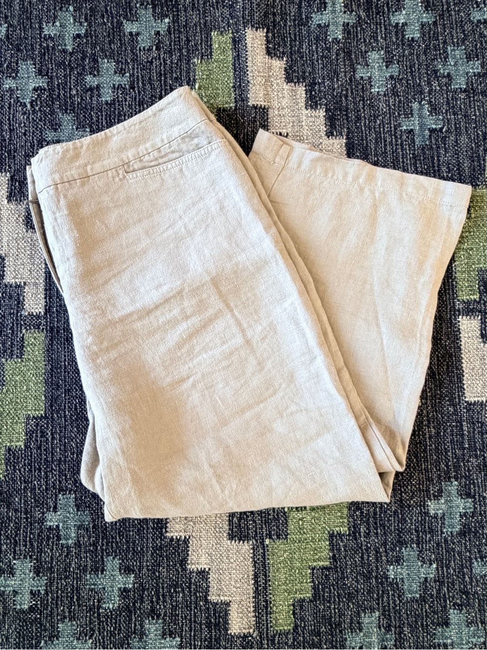 Eileen Fisher M 100% Linen Cropped Pants Khaki Beige Natural Fibers Wide Leg